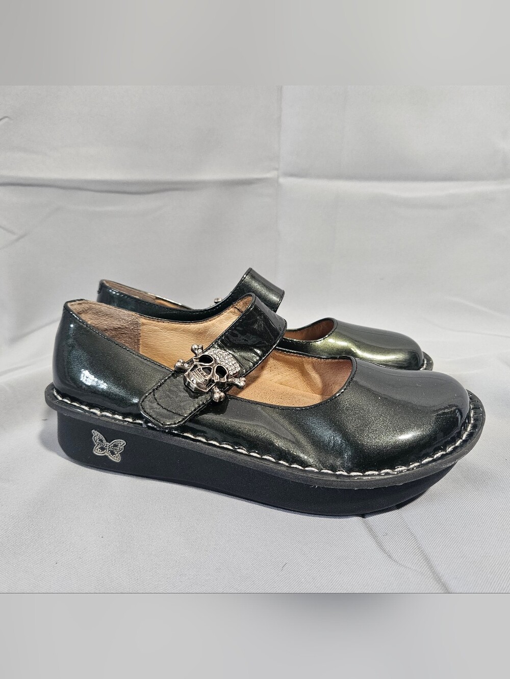 Alegria Mary Jane Whymsygoth Skull Green Leather Platform Adjustable Strap 36/6